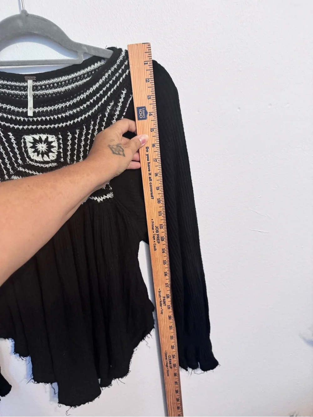 Free People Black & White Crochet Yoke Long Sleeve Top XS